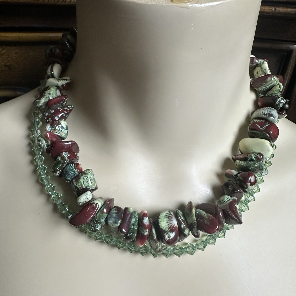 Artisan Beaded Necklace 17 Inch Fossil Coral Austrian Crystal 925 Sterling 87.8g